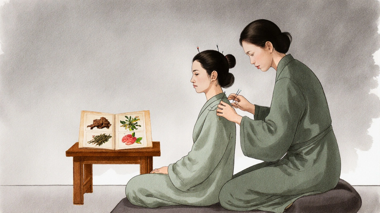 Acupuncture session with practitioner and herbal formula displayed on table.