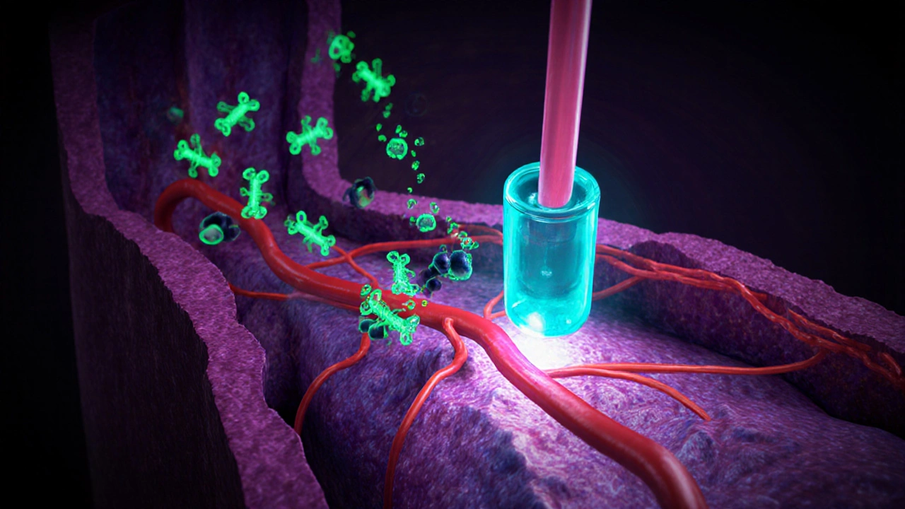 Artistic view of blood vessels expanding as sildenafil blocks PDE5 molecules.