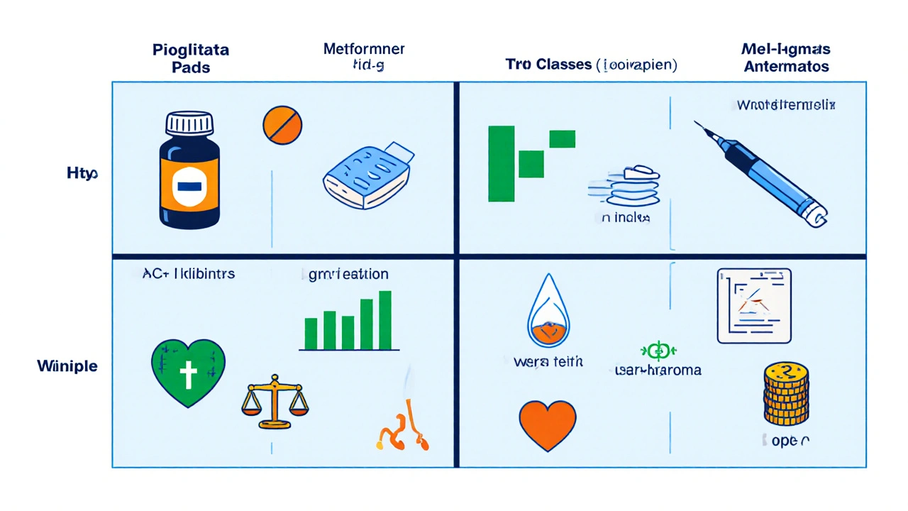 Cartoon grid comparing visual effects of major diabetes drug classes.