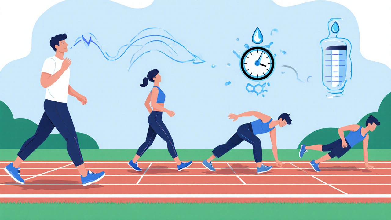 Cartoon illustration of a post‑workout cool‑down with walking, static stretches, breathing and hydration icons.