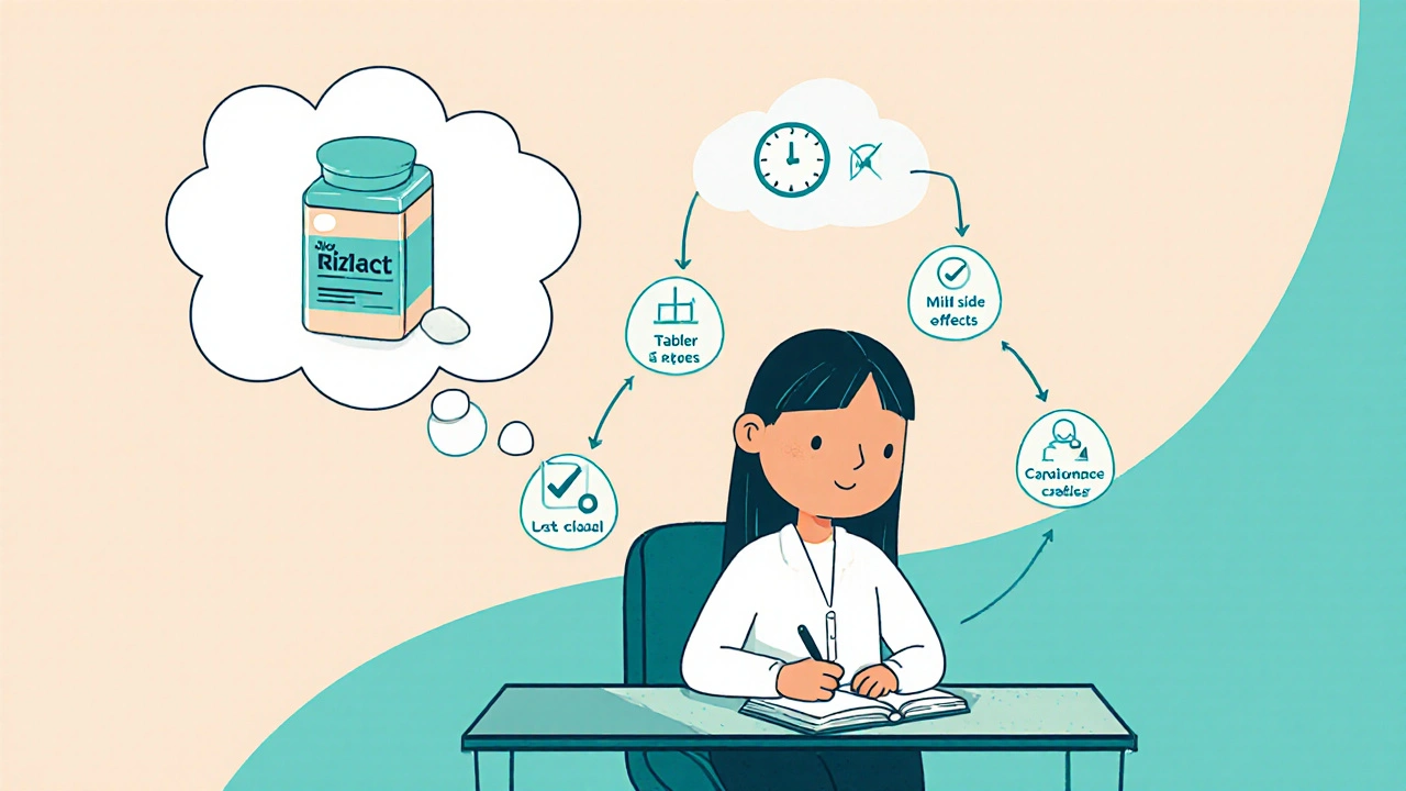 Cartoon of a patient recording migraine relief in a diary with Rizact tablet and decision flowchart.