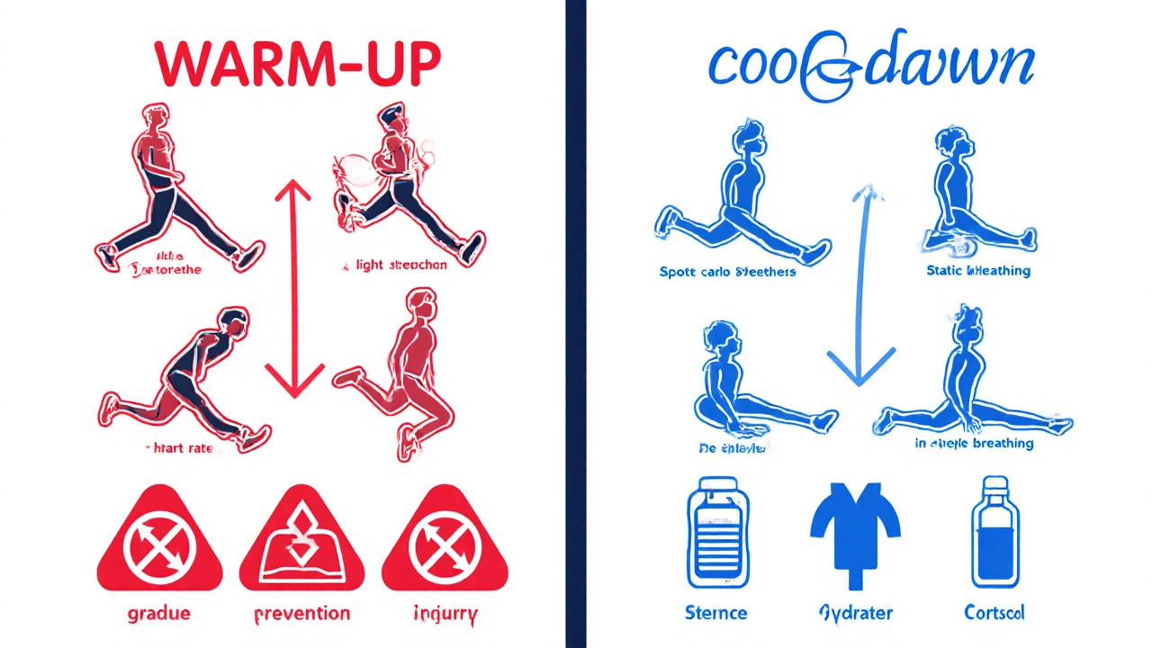 Cartoon side‑by‑side comparison of warm‑up and cool‑down steps with icons for heart rate, stretching and injury prevention.
