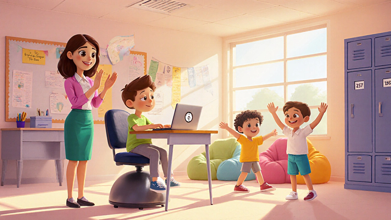 Child using a laptop on a stability ball chair, with buddy and teacher encouraging a movement break.