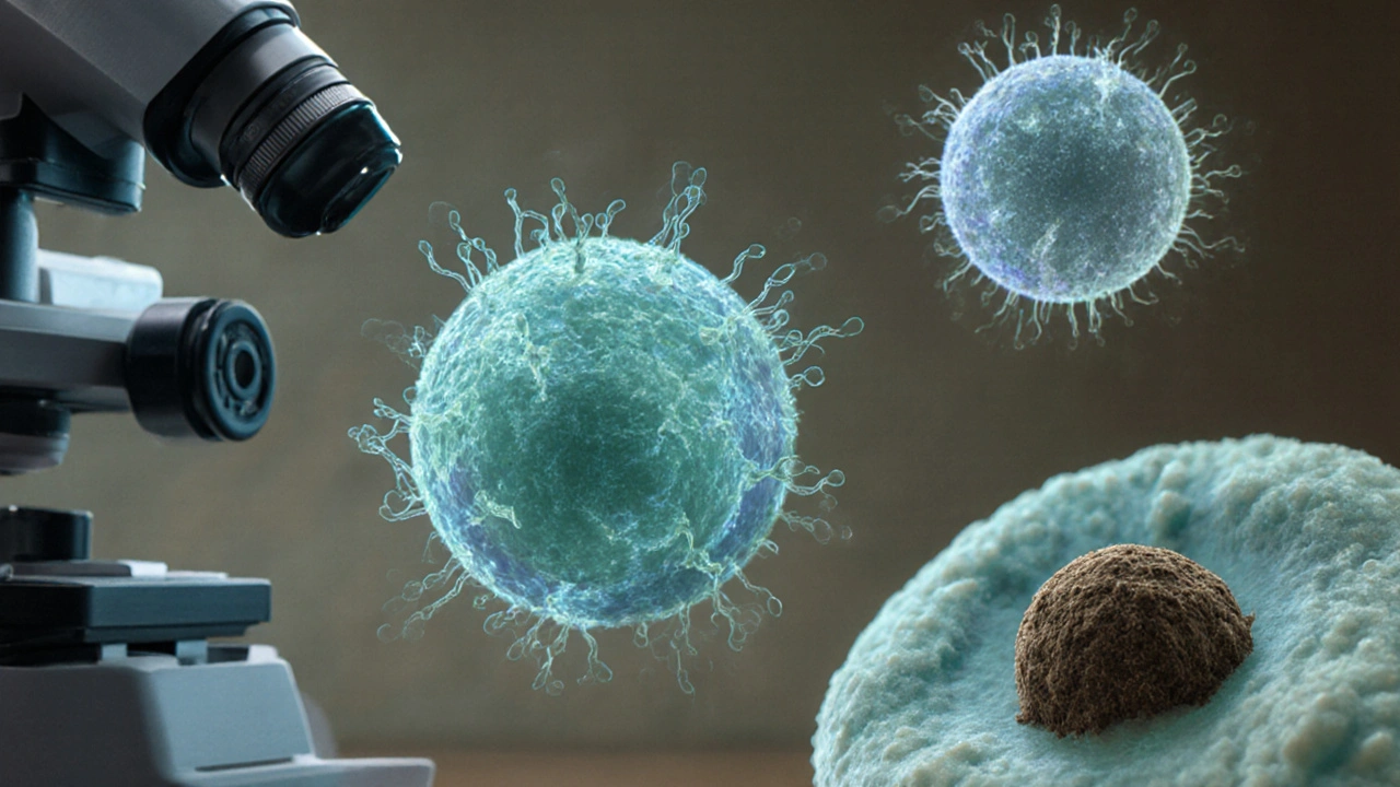 Close‑up of four pathogenic amoebae forms near animal tissues.