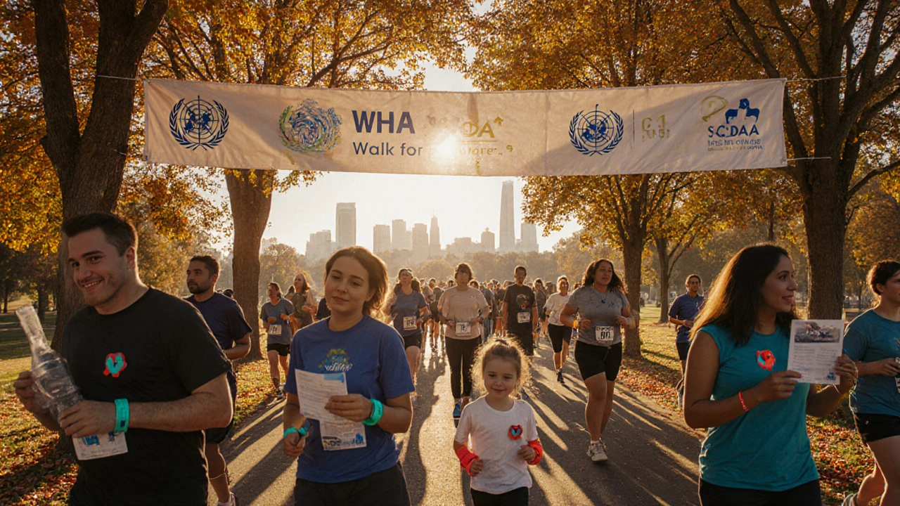 Community walk in a park with participants wearing teal wristbands and red pins.
