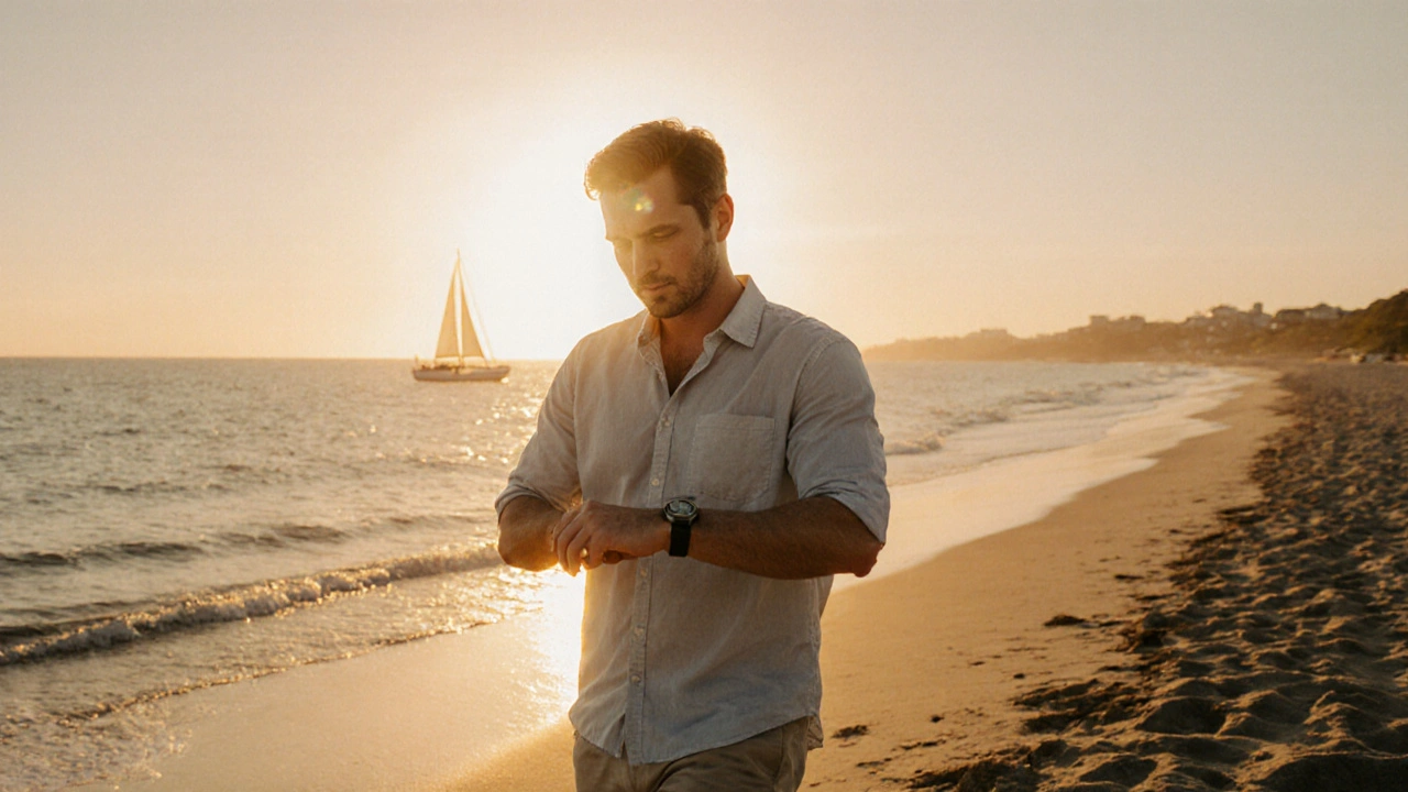 Confident man smiling on a sunset beach, implying spontaneous use of fast‑acting ED medication.