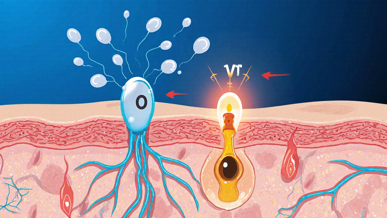 Cross‑section showing morphine activating mu receptors and TRPV1 on skin nerves with histamine release.