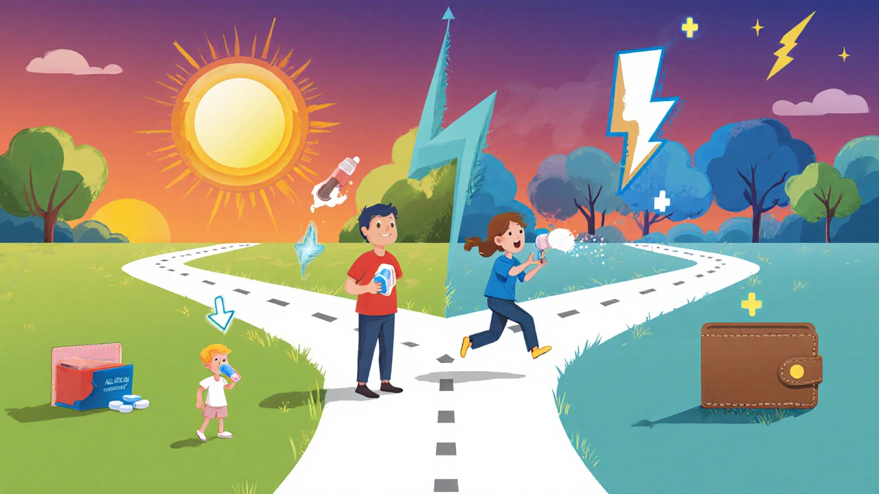 Decision scene with a person at a forked path showing options for all‑day use, fast relief, child safety, nasal spray, and cost.