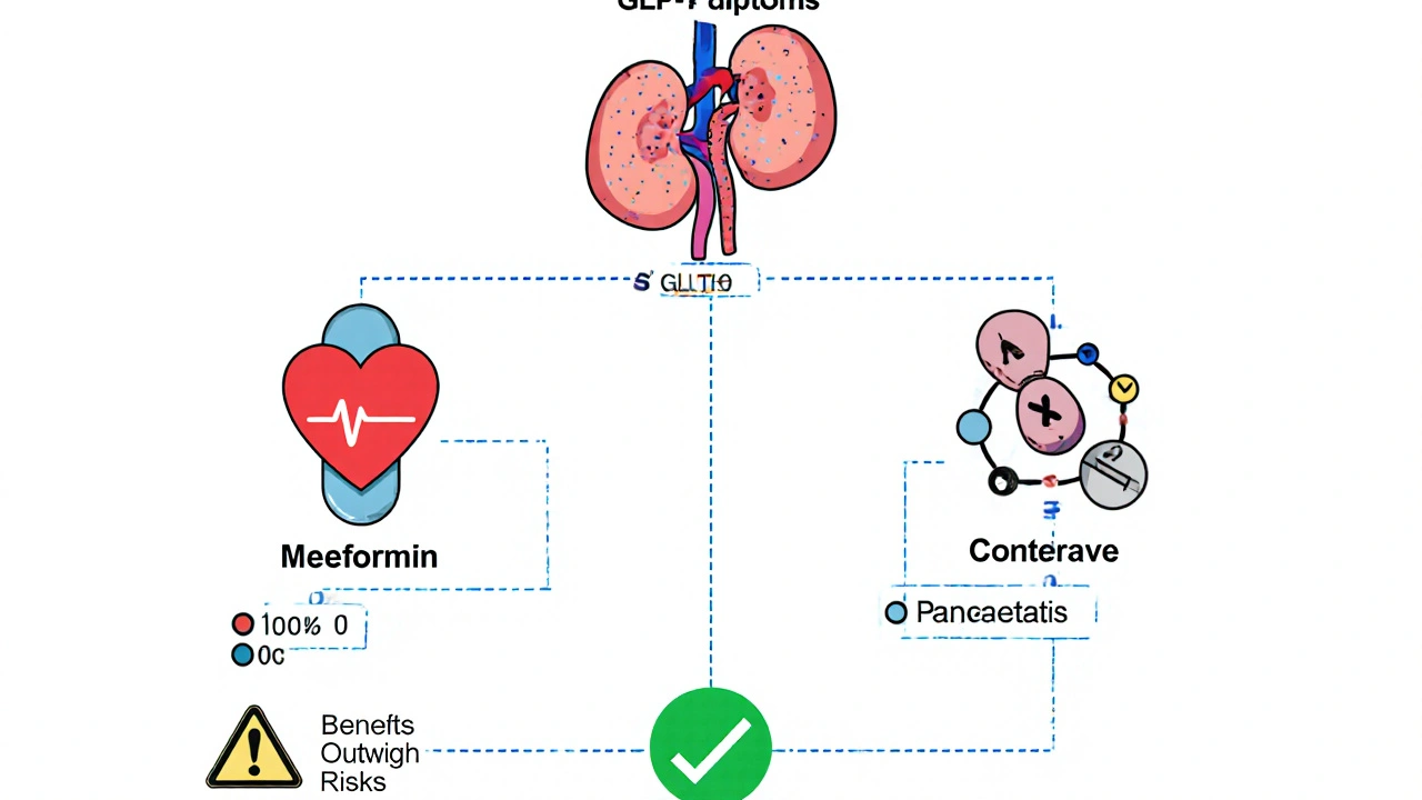 Decision tree of diabetes and weight loss medications with pancreatitis risk ratings and safety indicators.