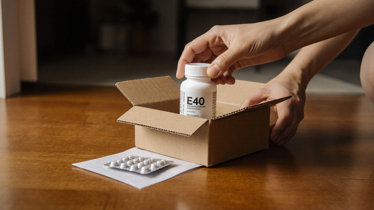 Delivery box open on a floor, revealing a bottle of generic Nexium tablets with imprint E40.