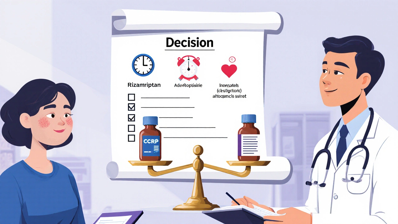 Doctor and patient weighing rizatriptan against CGRP antibody using symbolic checklist icons.