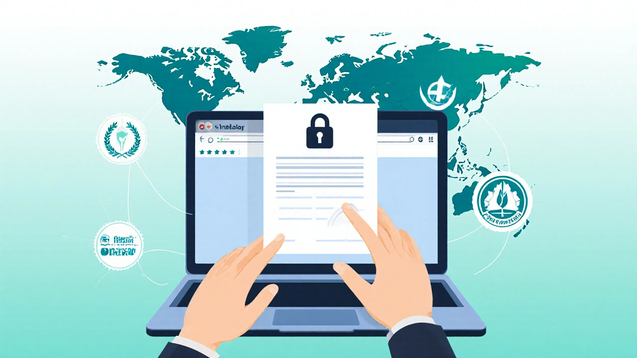 Hands holding a prescription beside a laptop with a padlock icon and globe highlighting AU, CA, NZ.