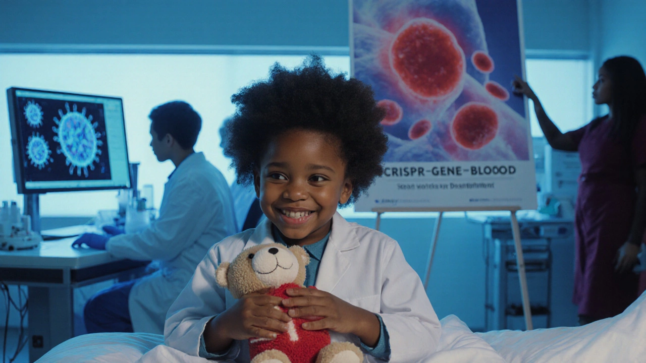 Hopeful child in a hospital bedside with scientists working on gene therapy behind.