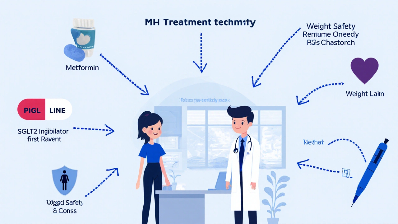Illustrated decision flowchart depicting treatment choices for type 2 diabetes.