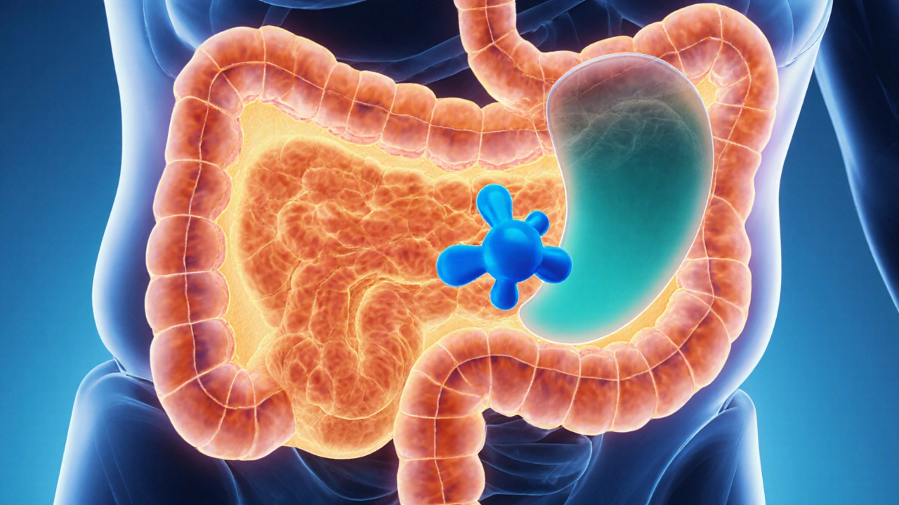 Illustrated stomach cross‑section showing acid reduction by a blue omeprazole molecule.