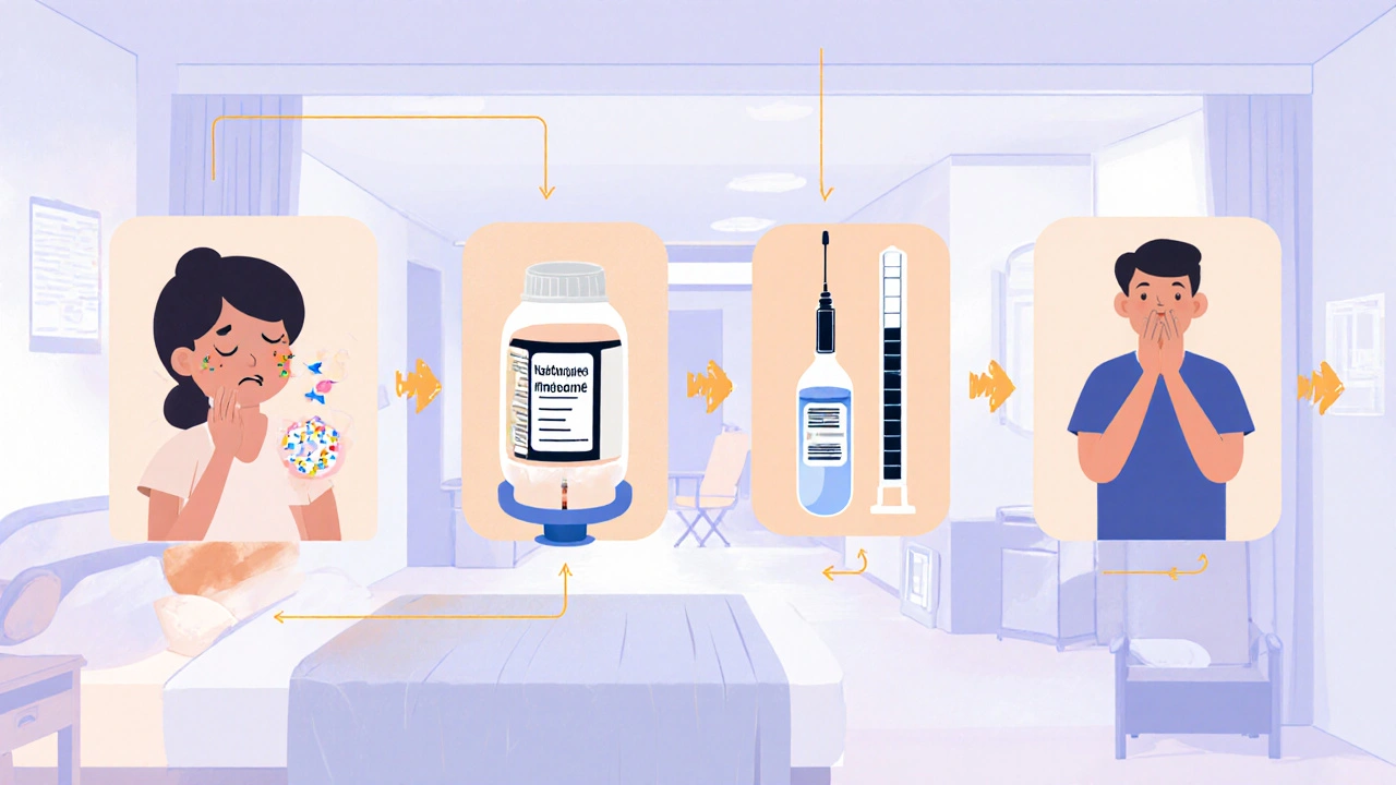 Illustrated treatment flow from itch to antihistamine, naloxone, nalbuphine, and relief.