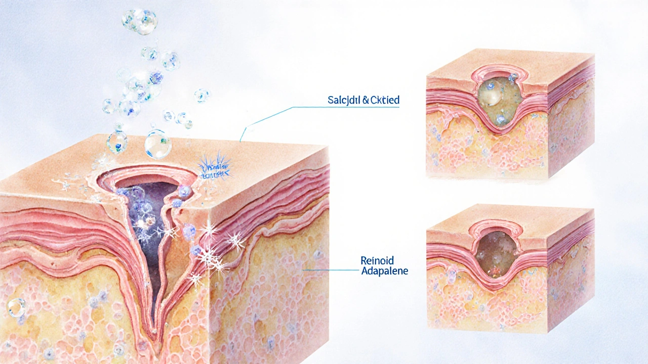 Illustration of skin pores showing benzoyl peroxide killing bacteria and salicylic acid exfoliating.