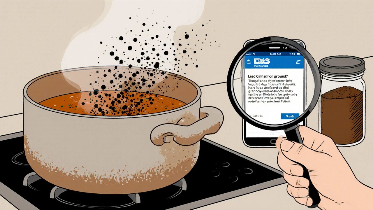Lead contamination from a ceramic pot and cinnamon spice in a kitchen, with FDA alert visible on phone.