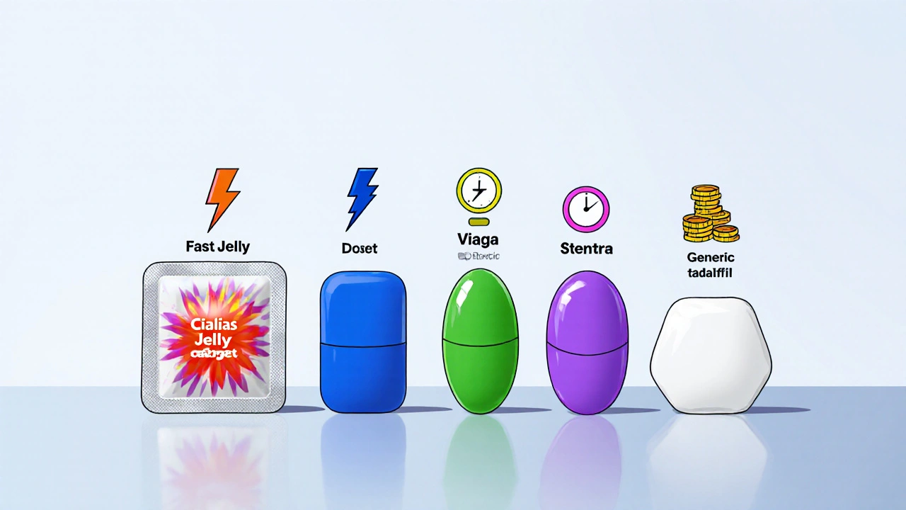Lineup of five ED drugs with visual cues for onset speed, duration, and cost, shown without text.
