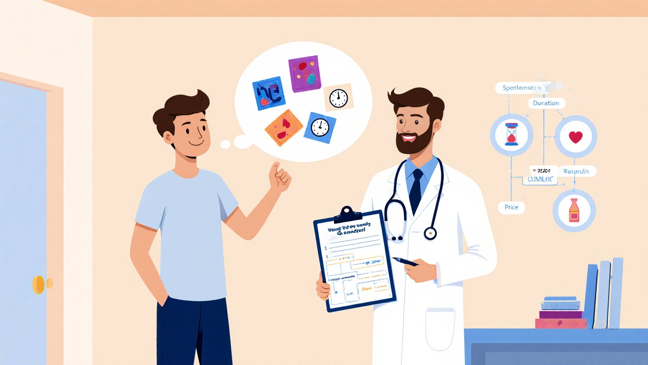 Man with thought bubbles of drug icons consulting a doctor, highlighting decision factors for ED treatment.