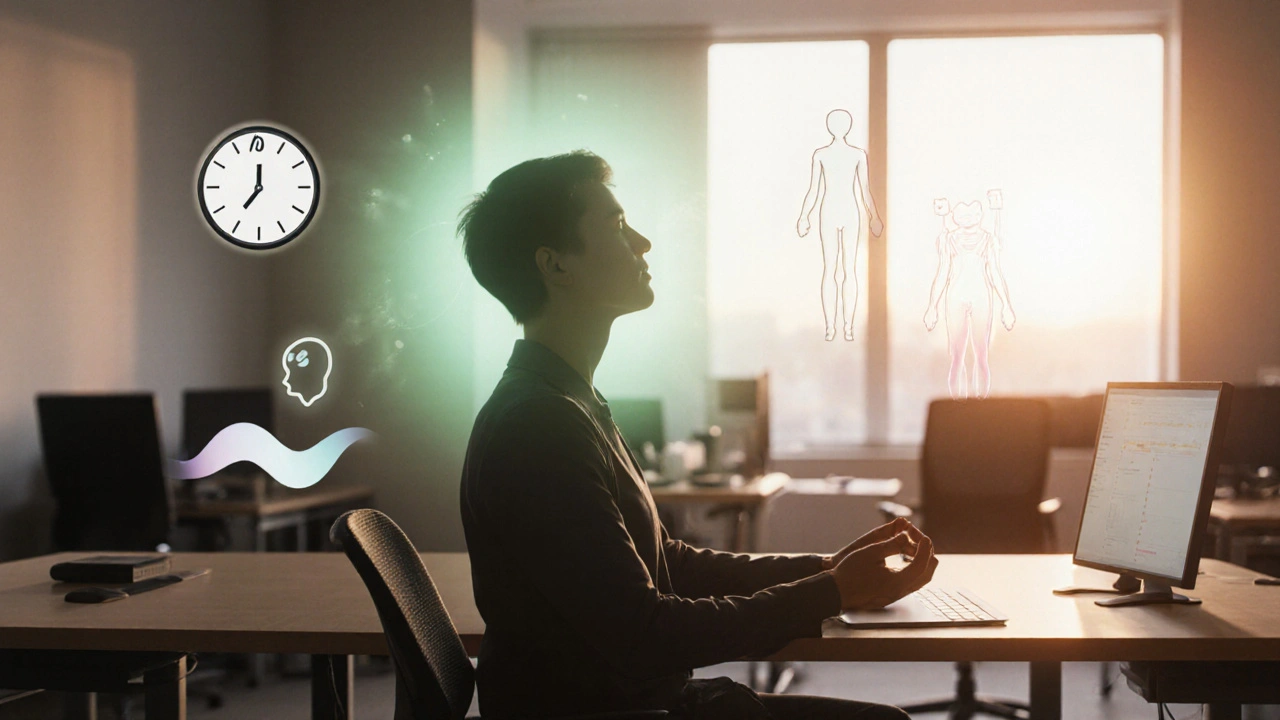 Office worker meditating at desk with aura, breath wave and body‑scan icons.