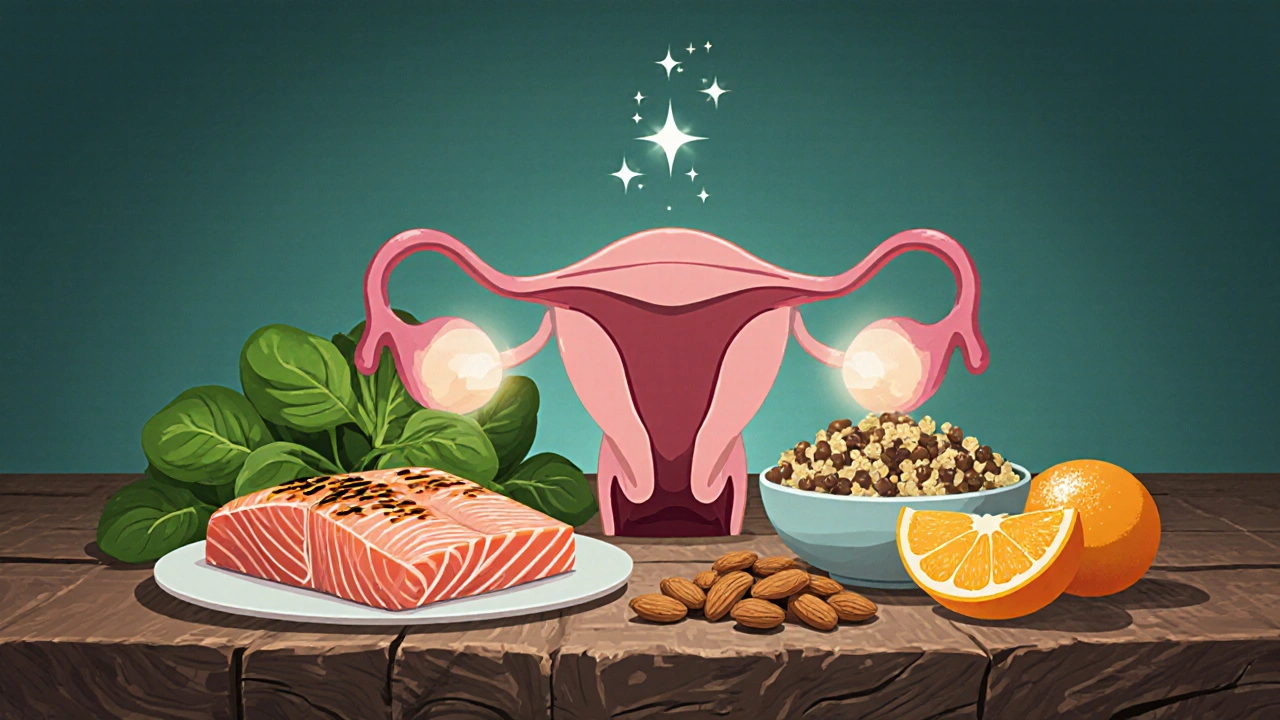 Ovary on a table surrounded by spinach, salmon, lentils, almonds, and orange slices.