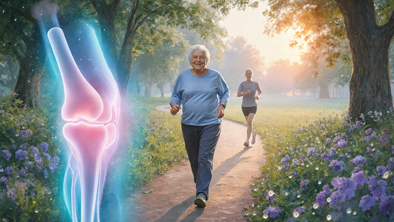 Painting of an older adult walking in a park, symbolizing healthy joints and positive mood.