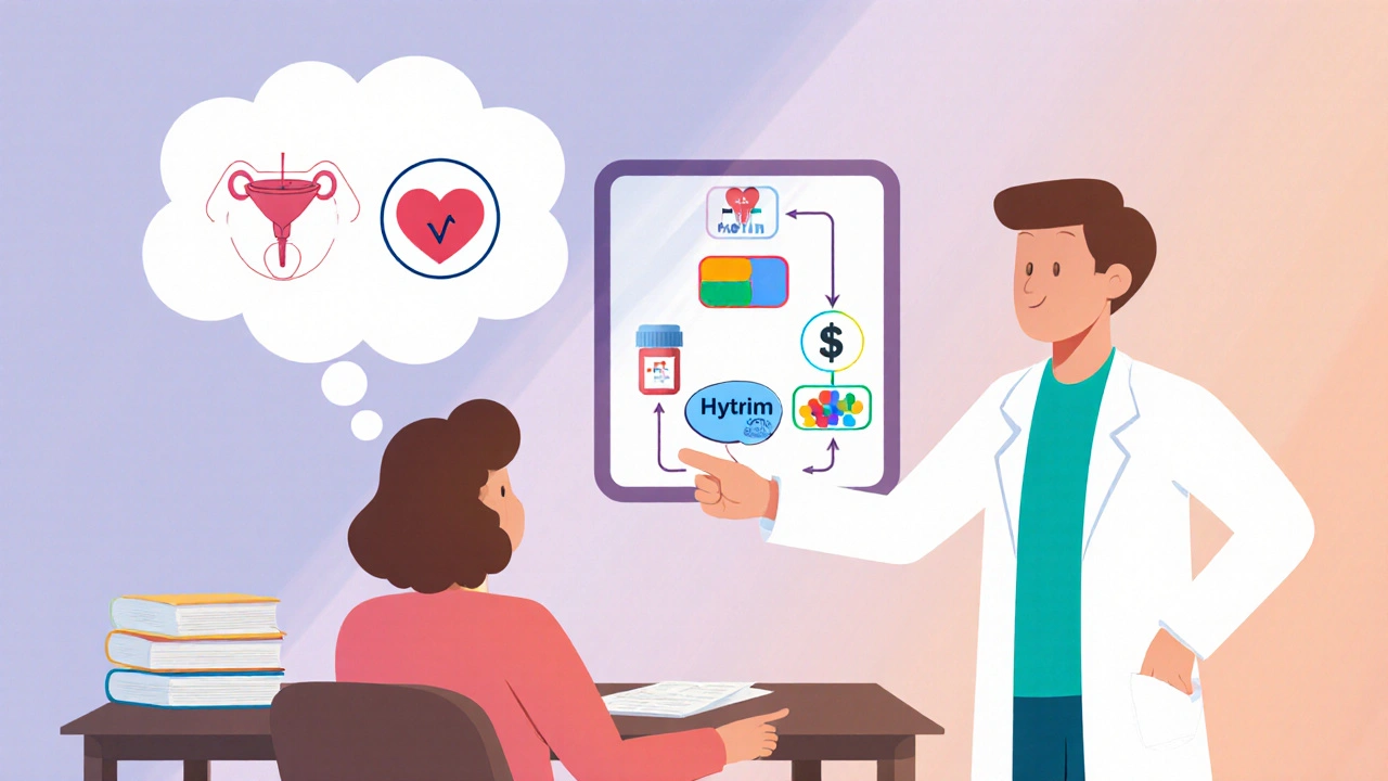 Patient with thought bubbles of health factors discussing meds with doctor.