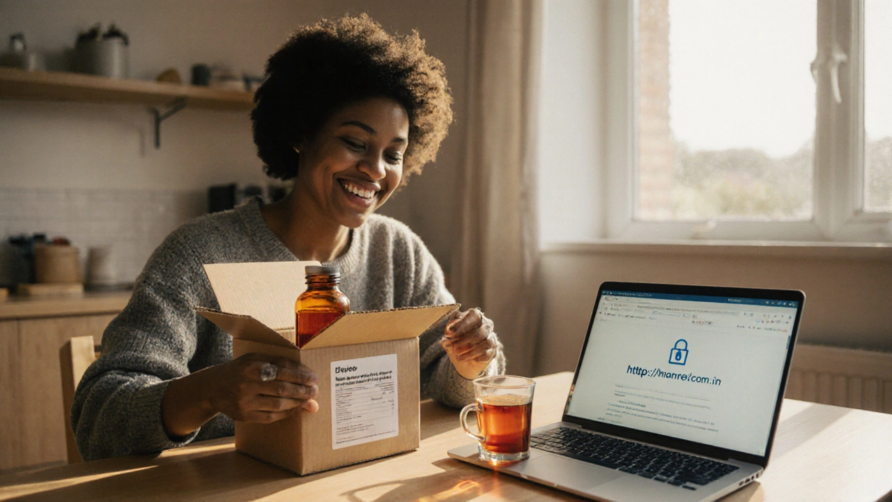 Person opening a sealed box with a pill bottle, laptop showing secure checkout in a cozy kitchen.