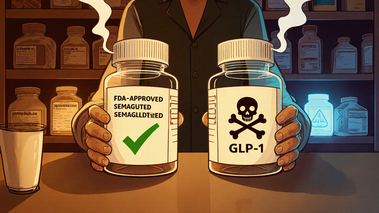 Pharmacist comparing FDA-approved medication with dangerous compounded drug and hidden-pharmaceutical supplements.