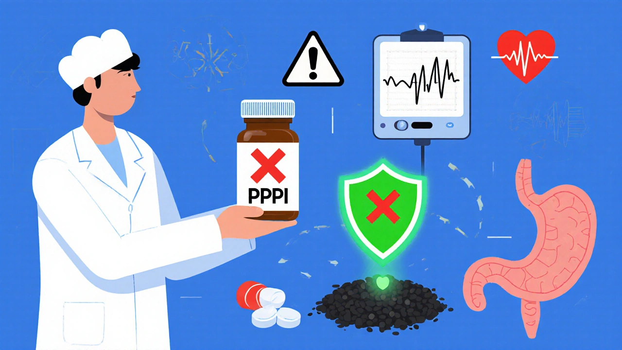 Pharmacist giving a PPI pill while NSAID and steroid pills are crossed out, with a protective shield around the stomach.