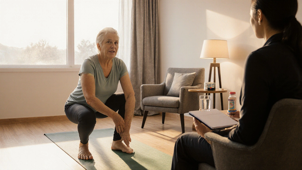 Photo of a patient receiving physical therapy and CBT together in a bright clinic.