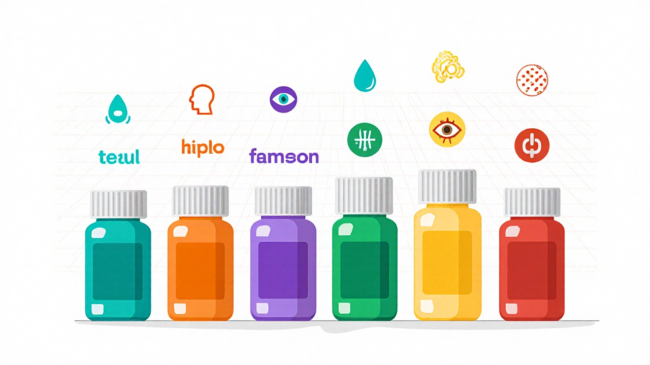 Row of six colored cartoon pill bottles with icons for side effects.