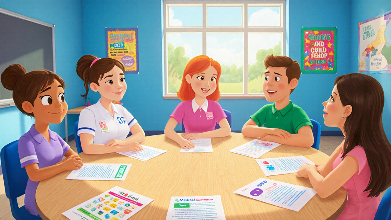 School staff and parent discuss paperwork around a round table in a bright meeting room.
