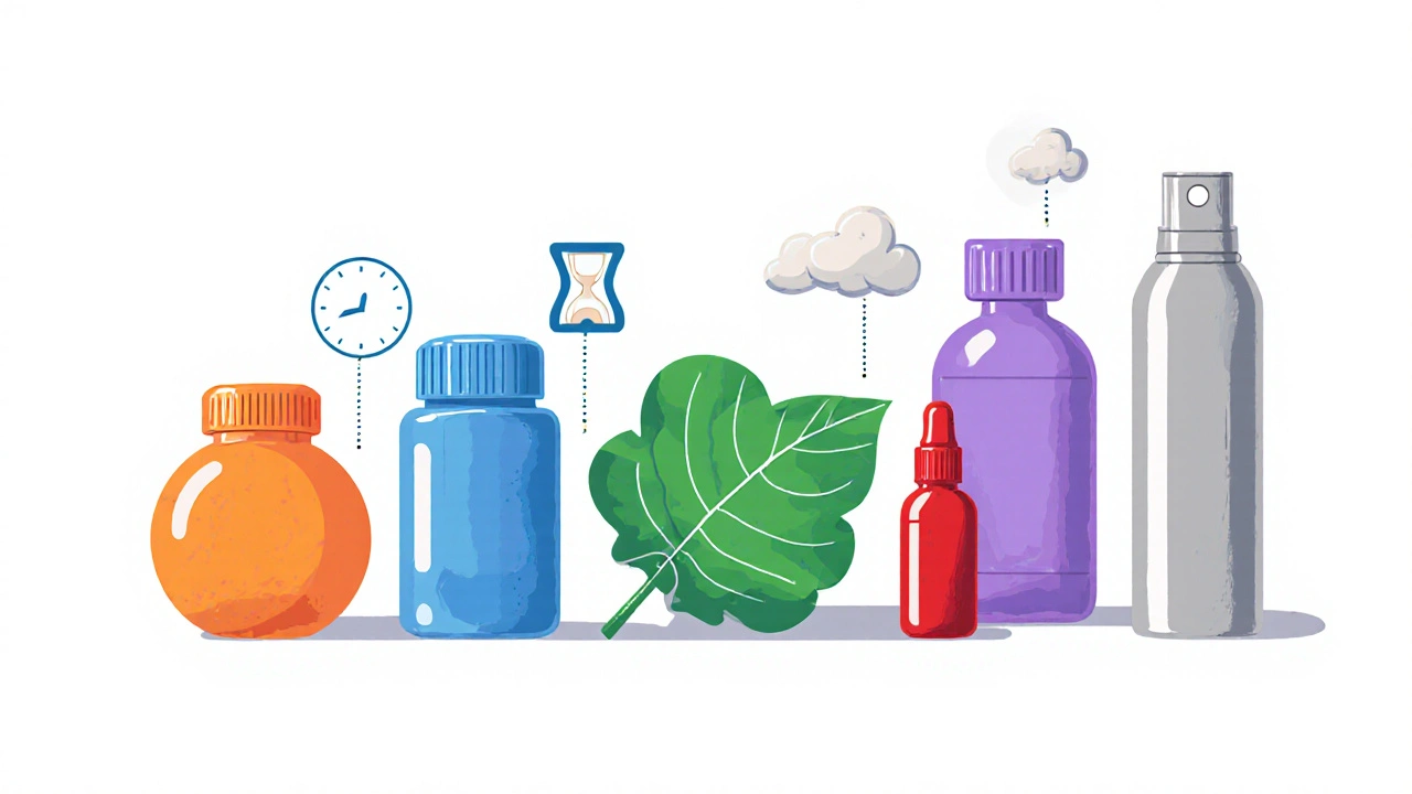 Six different allergy medication containers displayed with visual cues for onset, duration, and sedation.