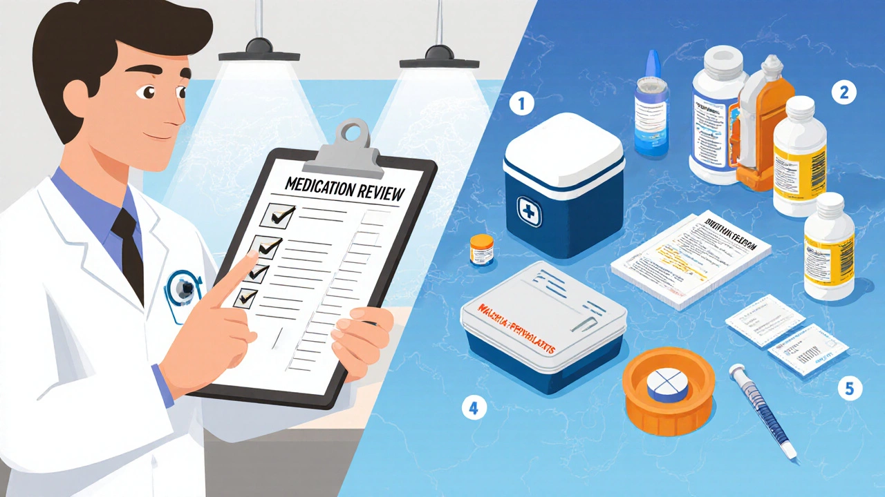 Split‑screen diagram showing doctor consultation and organized travel medical kit.