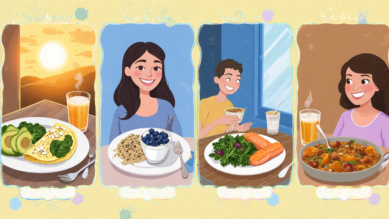 Storyboard of a woman eating a fertility‑focused daily meal plan from breakfast to dinner.