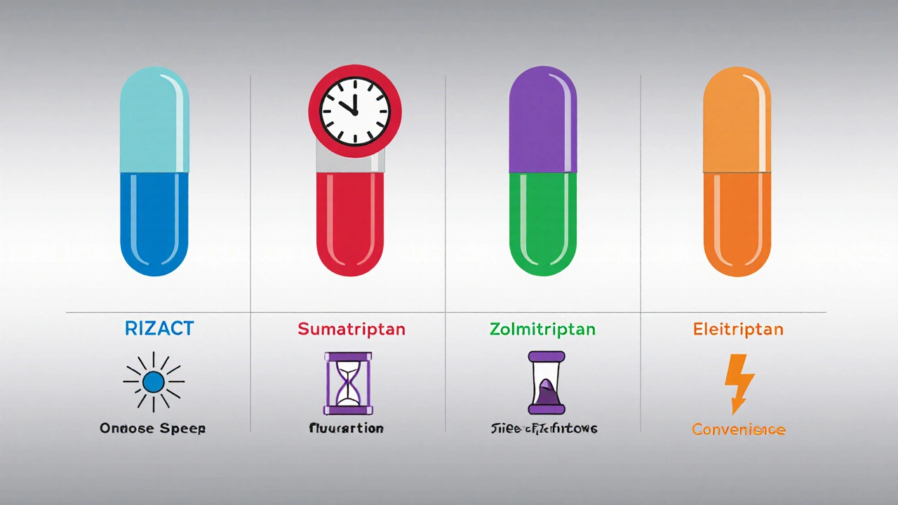 Technical cartoon comparing five triptan pills with icons for speed, duration, side effects, and convenience.