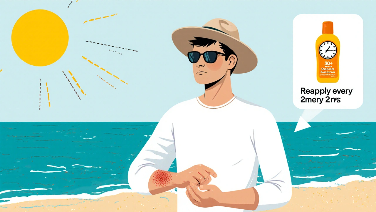 Traveler on a sunny beach applying sunscreen to a skin lesion, wearing protective clothing.
