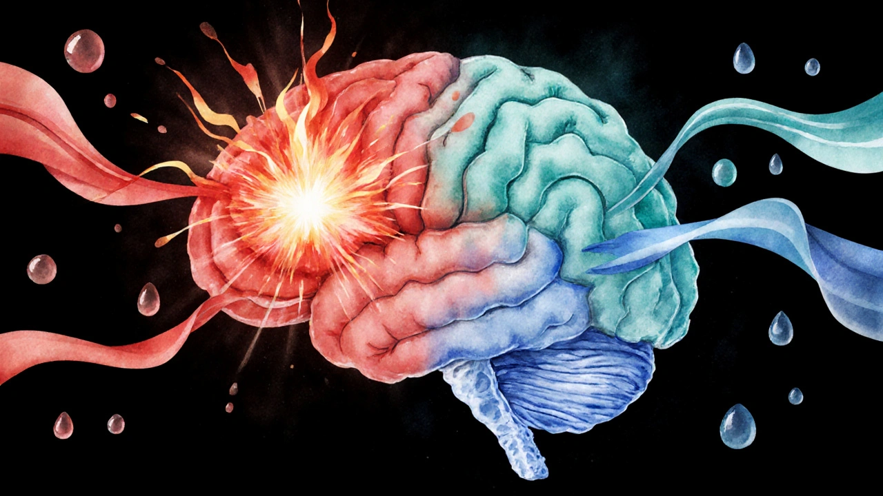 Watercolor brain showing fiery amygdala and teal pre‑frontal cortex with calming ribbons.