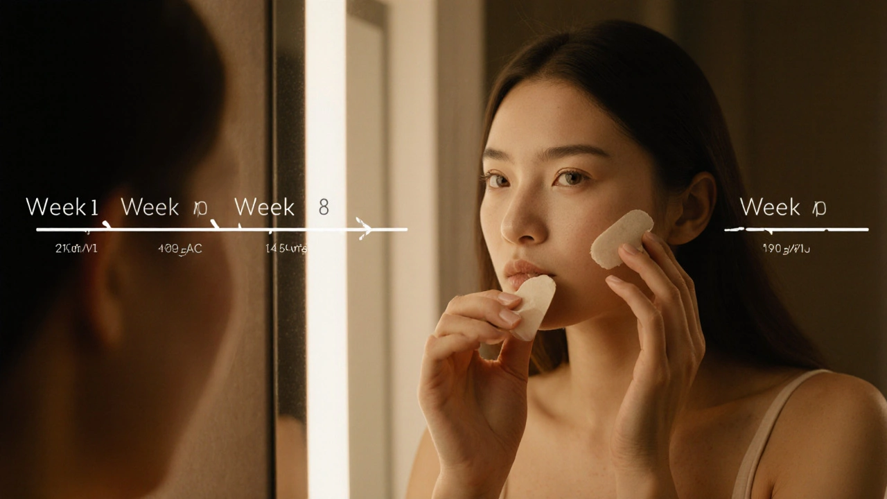 Woman applying Benzac AC gel in a warmly lit bathroom, hinting at skin improvement over weeks.