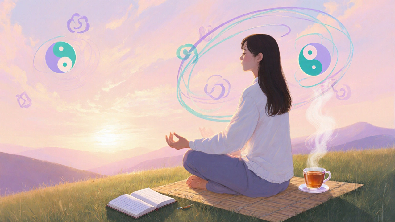 Woman meditating at sunrise with yin‑yang symbols and a symptom diary.