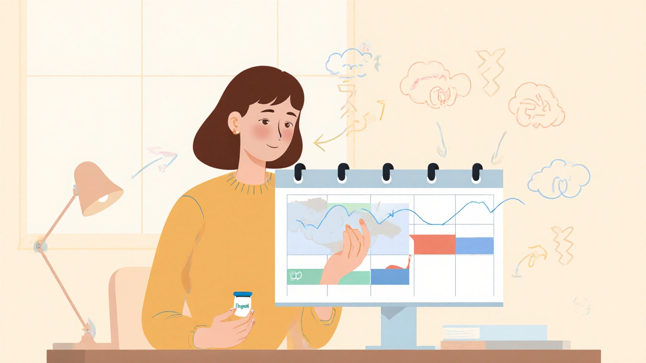 Woman planning short‑term rizatriptan dosing during a three‑day migraine trigger period.