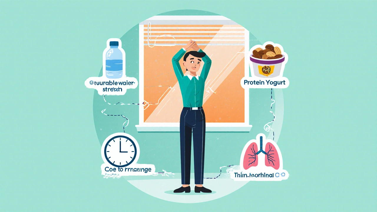 Worker stretches at desk with water bottle, snack, break clock, and breathing diagram illustrating side‑effect management.