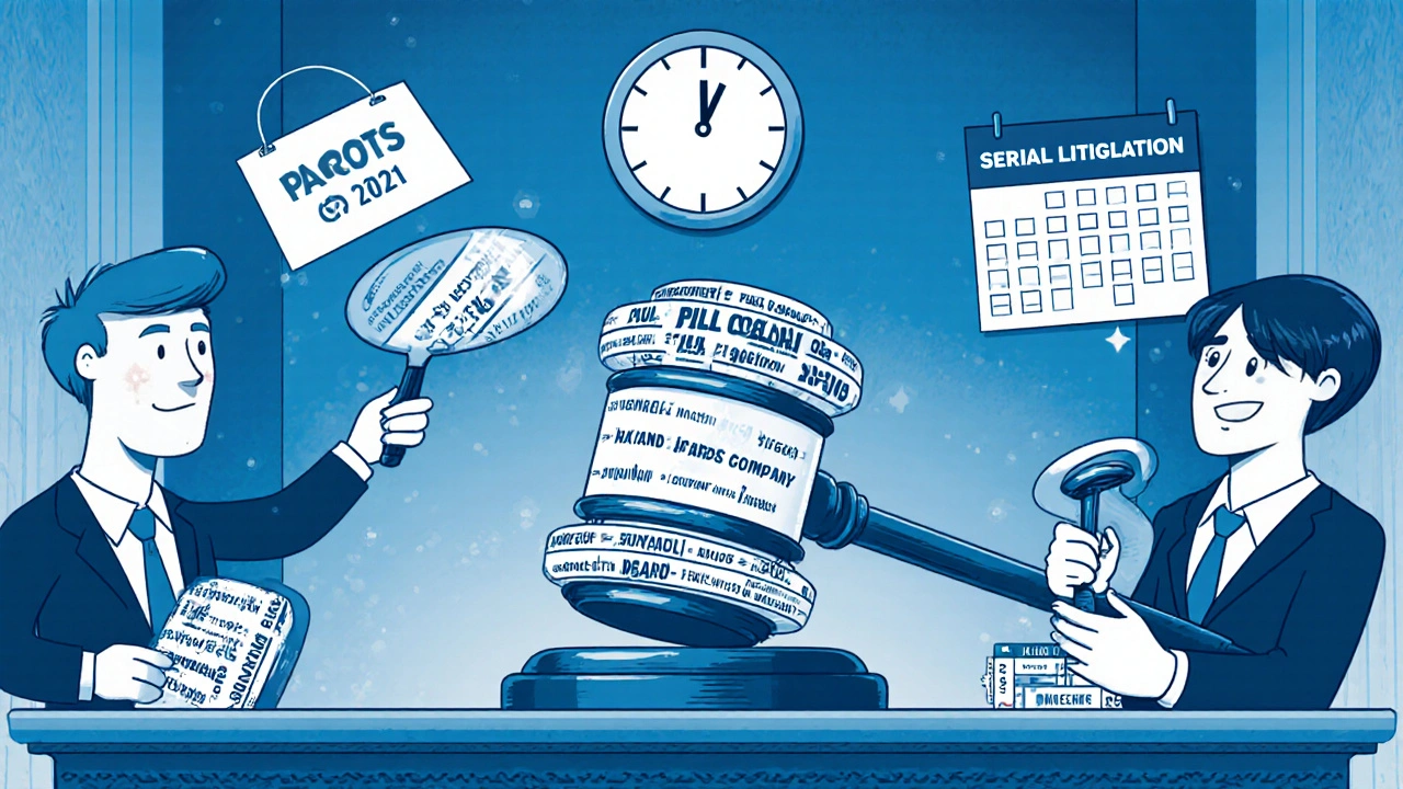 A courtroom where patents on minor inventions form the judge&#039;s gavel, delaying generic drug approval for years.