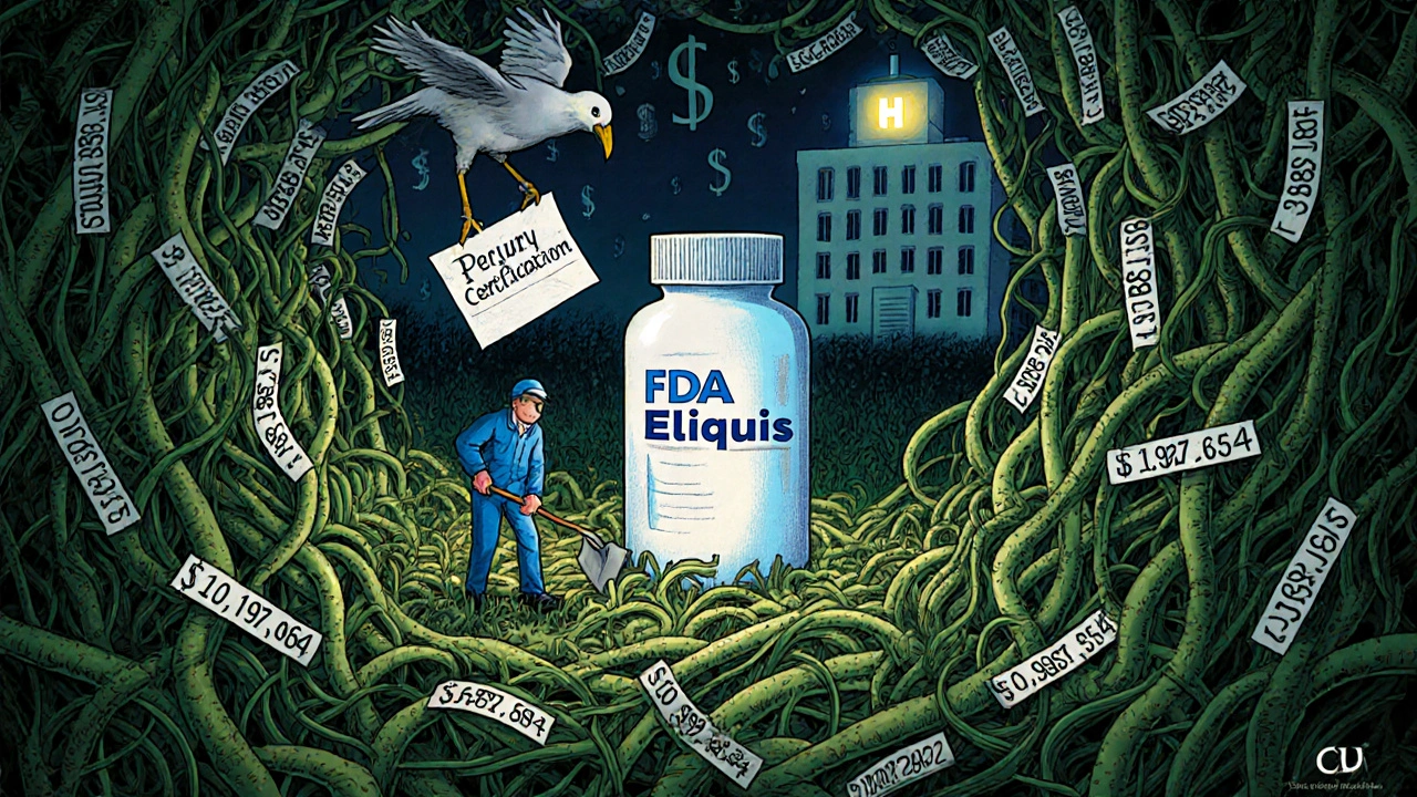 A dense thicket of patents surrounds a single pill, while a generic company worker tries to clear a path to market.