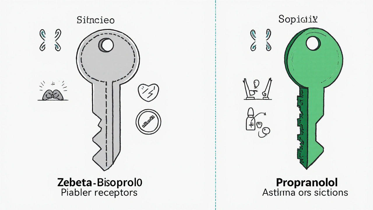 Comparison diagram of Zebeta’s heart-selective action versus other beta blockers affecting lungs.