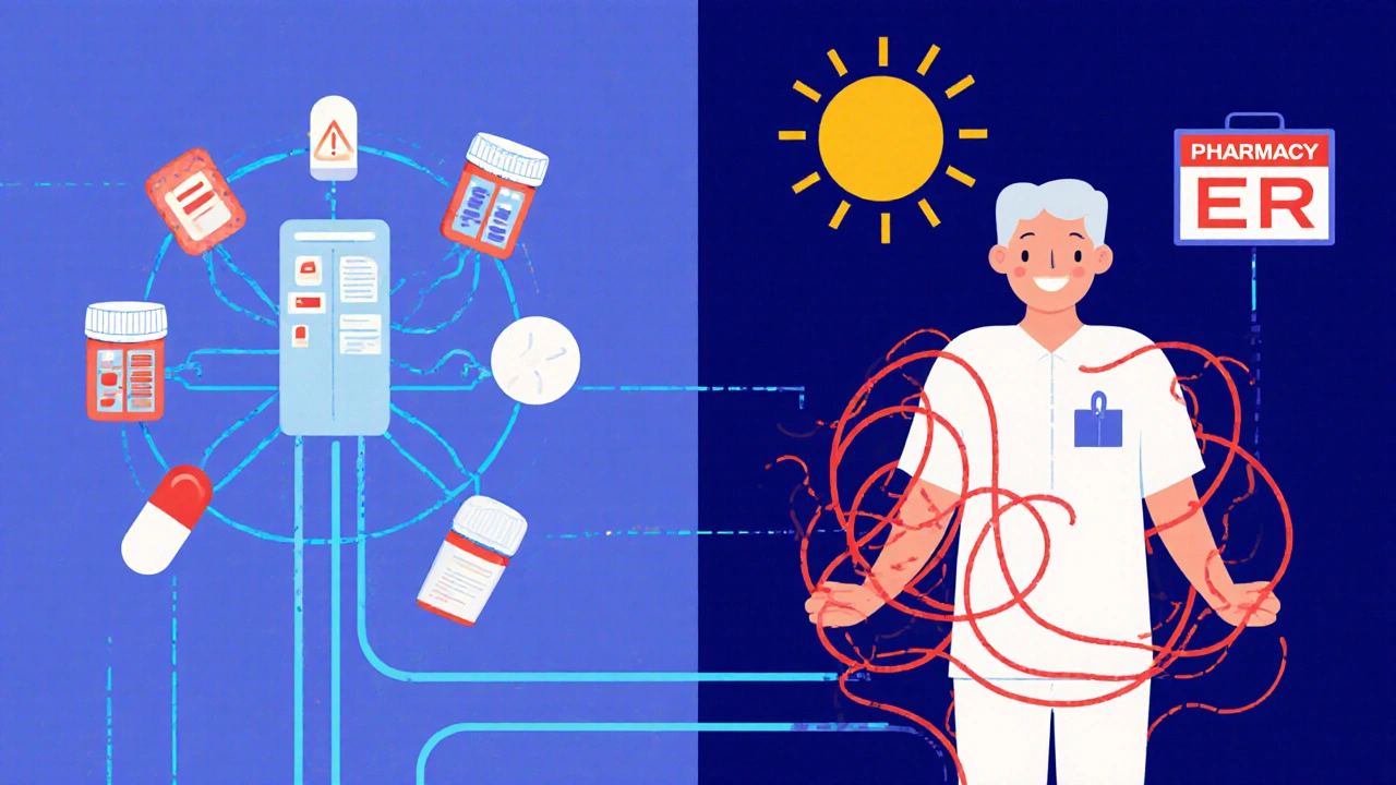 Comparison of one centralized pharmacy versus scattered pharmacies, with warning threads and hospital sign.