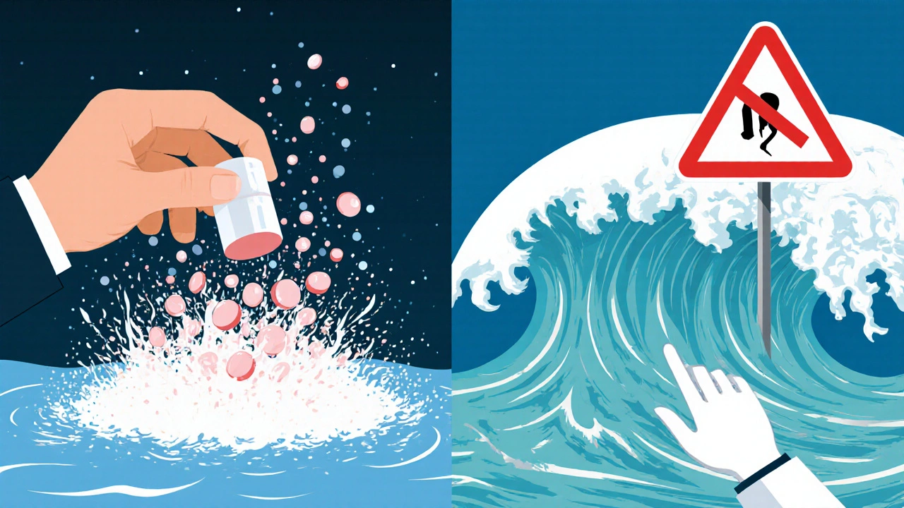 Dangerous crushing of an extended-release pill releasing all medication at once versus safe slow release.