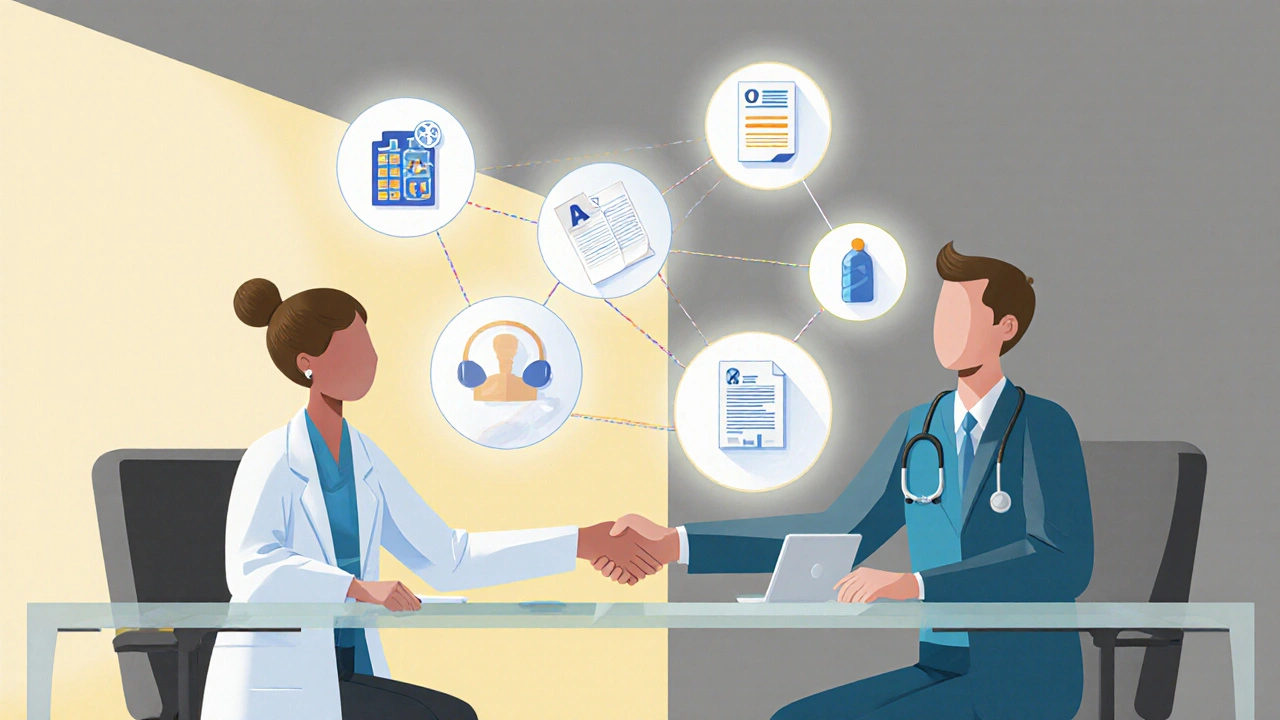 Doctor and insurer reviewing patient&#039;s medical data during a peer-to-peer consultation.